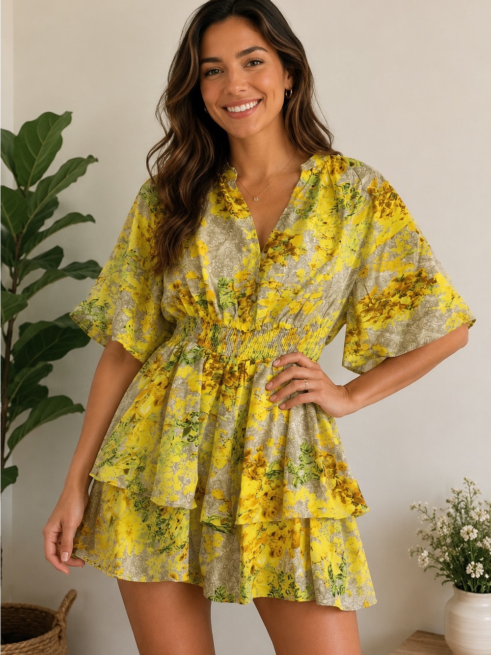 entro Yellow Floral Ruffled Tunic Dress